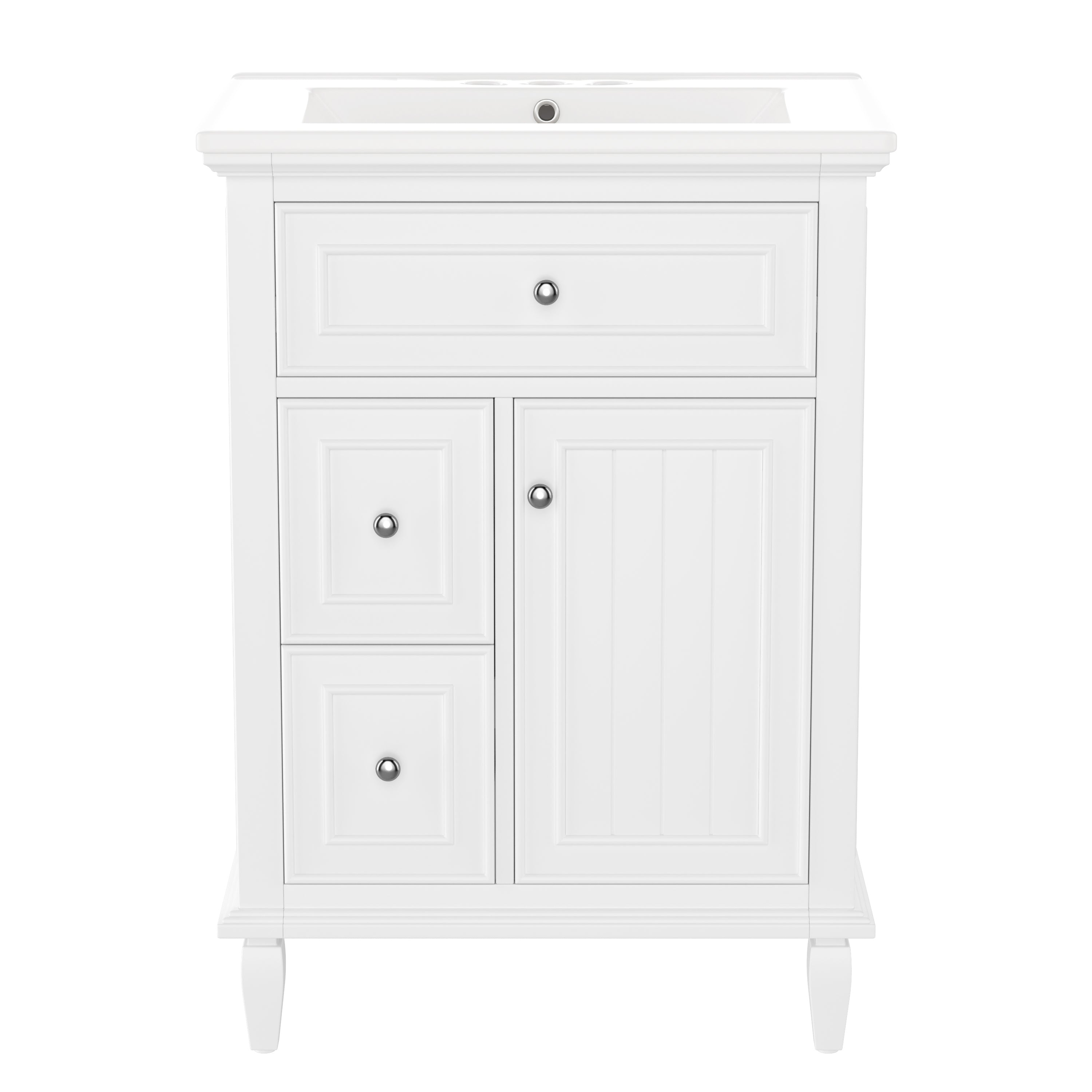 VanityFus 24-in Bathroom Vanity White Single Sink Combo with Ceramic Top 1 Door 3 Drawers Adjustable Shelves